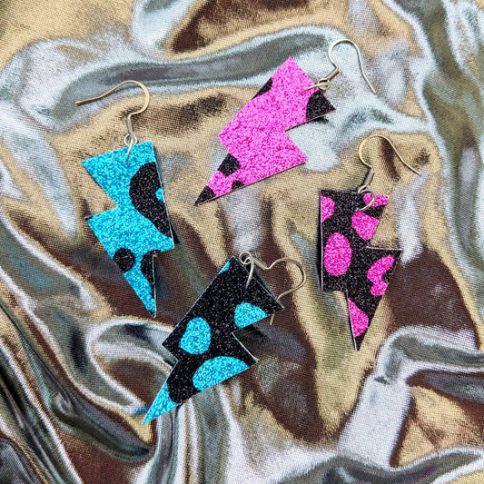 Small Leopard Print Lightning Bolt Earrings in pink and turquoise
