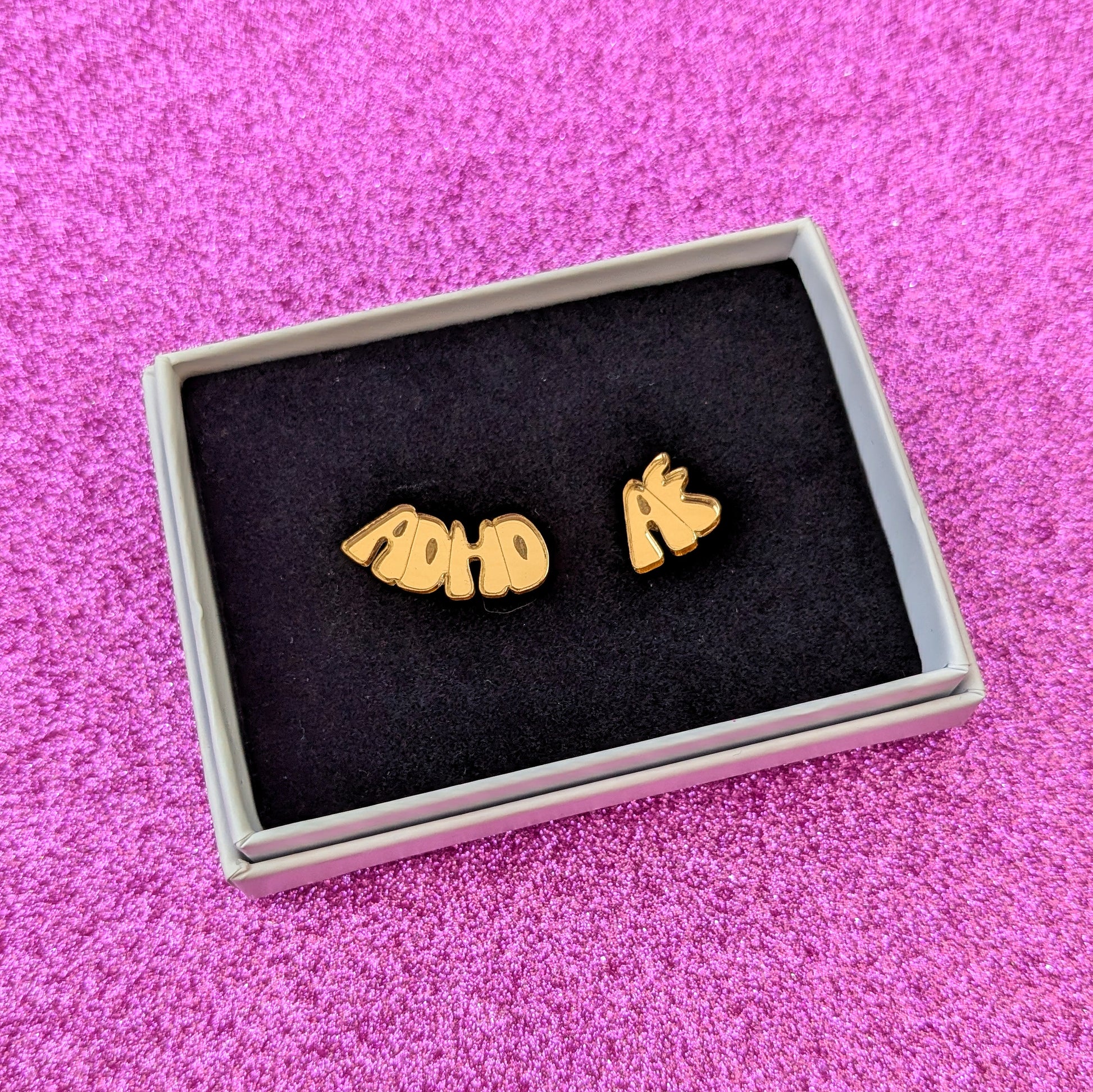 Small Gold ADHDAF Stud Earrings in box