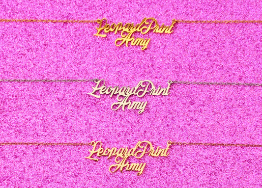 Line of Leopard Print Army Necklaces in Gold, Silver and Rose Gold