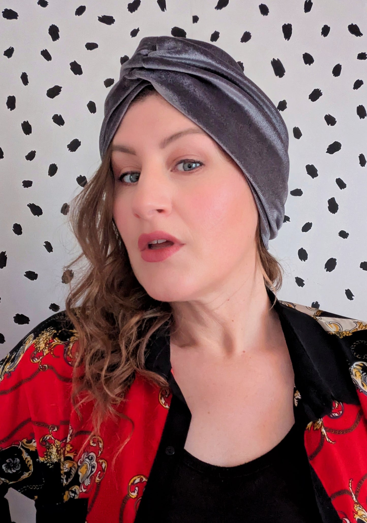 Gunmetal Silver Velour Velvet Gathered Party Turban