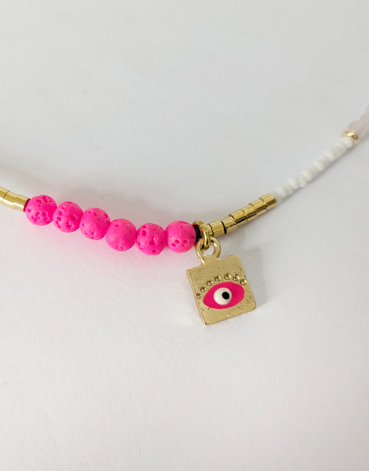 Neon Pink Enamel Evil Eye Bead Necklace