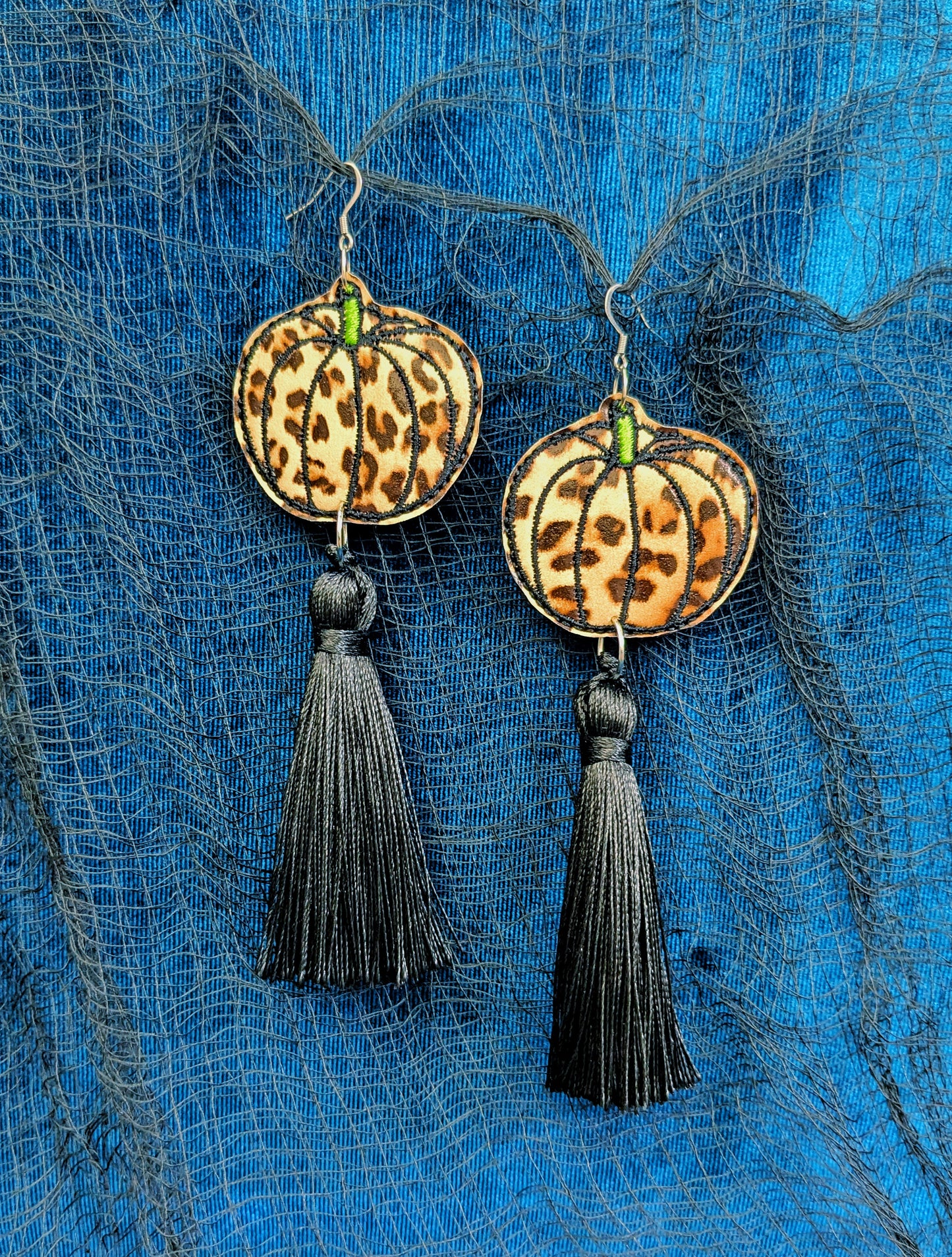 Party Pumpkins Halloween Earrings - Leopard and Black Tassels