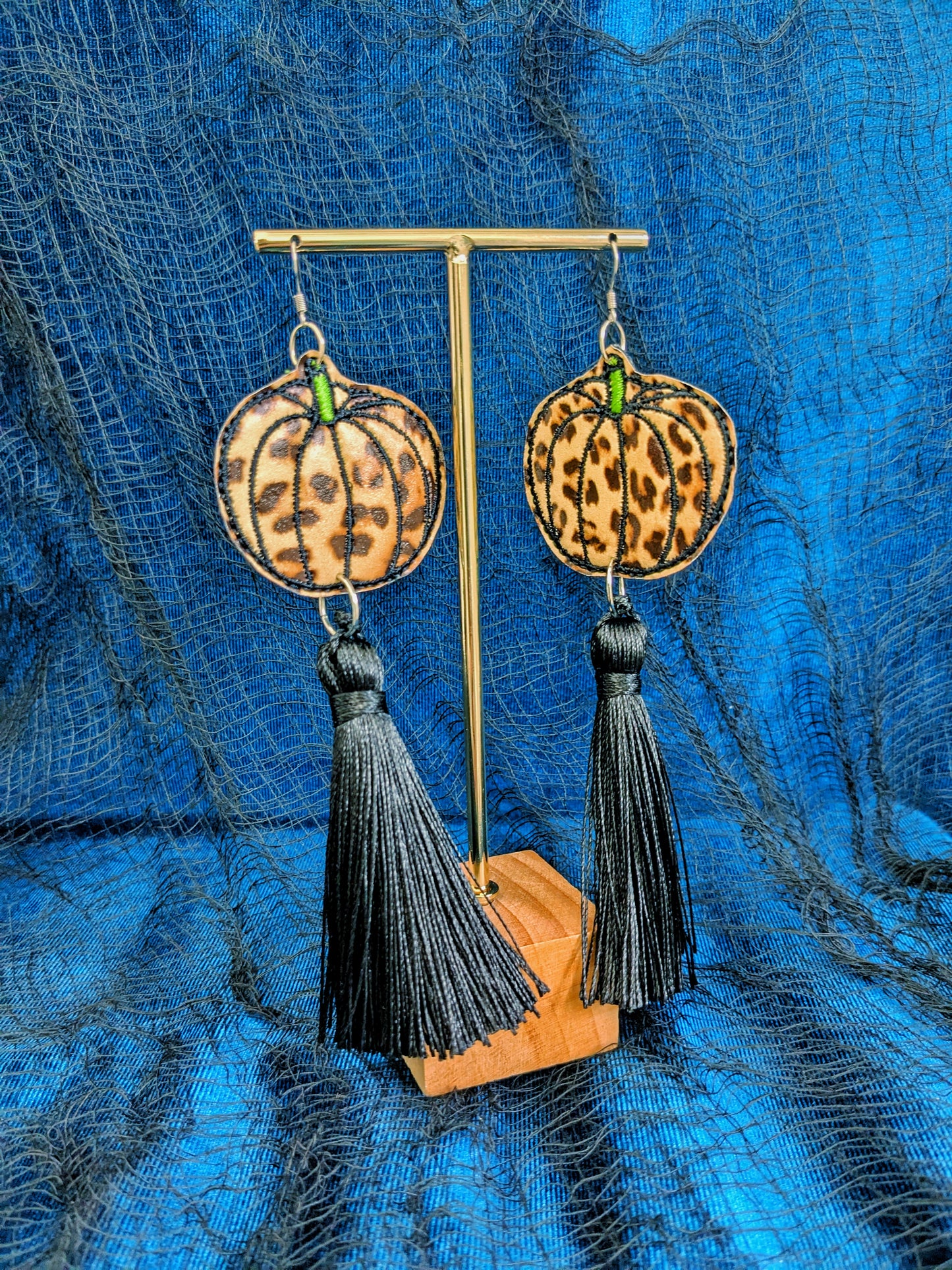Party Pumpkins Halloween Earrings - Leopard and Black Tassels