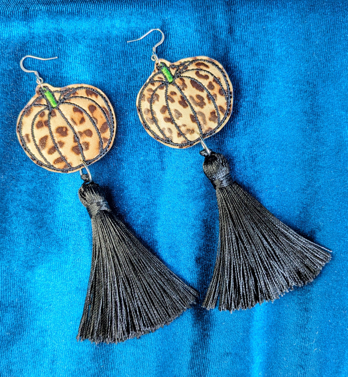Party Pumpkins Halloween Earrings - Leopard and Black Tassels