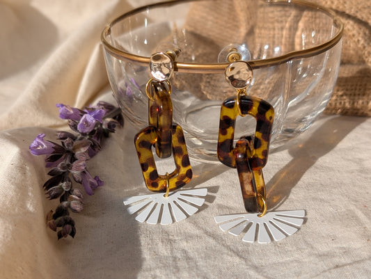Rio Tortoiseshell & White Fan – Art Deco Acrylic Statement Dangle Earrings