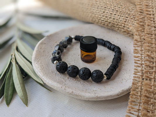 Aromatherapy Essential Oil Diffuser Bracelet – Black Labradorite & Lava Bead Gemstone Beaded Bracelet