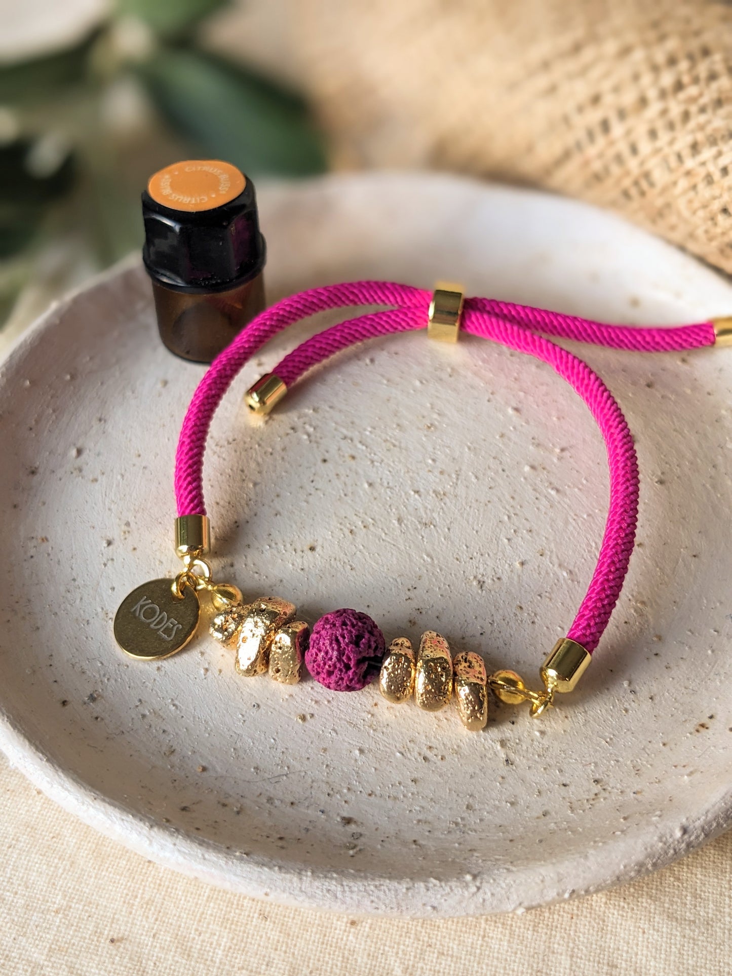 Harmony – Magenta Aromatherapy Essential Oil Diffuser Bracelet with Lava Bead and Gold Hematite Stones