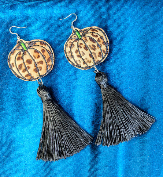 Party Pumpkins Halloween Earrings - Leopard and Black Tassels