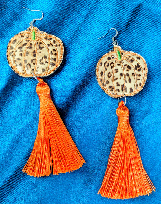 Party Pumpkin Halloween Tassel Earrings - Leopard Print and Orange