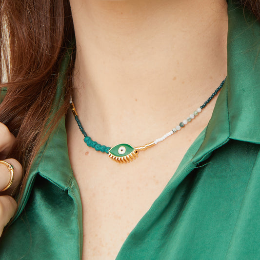 Green Enamel Evil Eye Bead Necklace