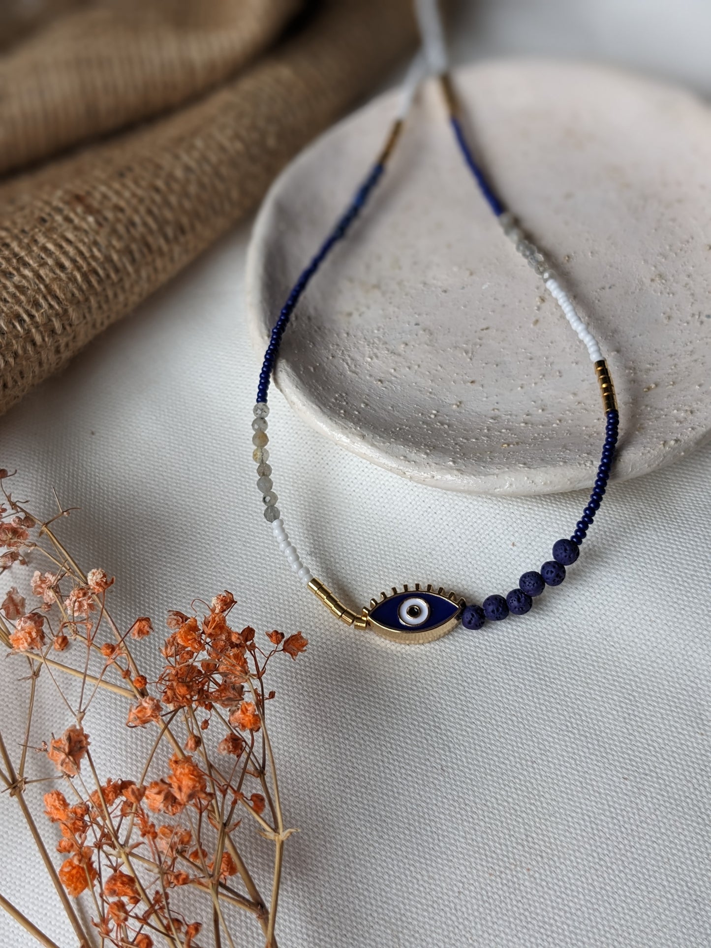Blue Enamel Evil Eye Bead Necklace