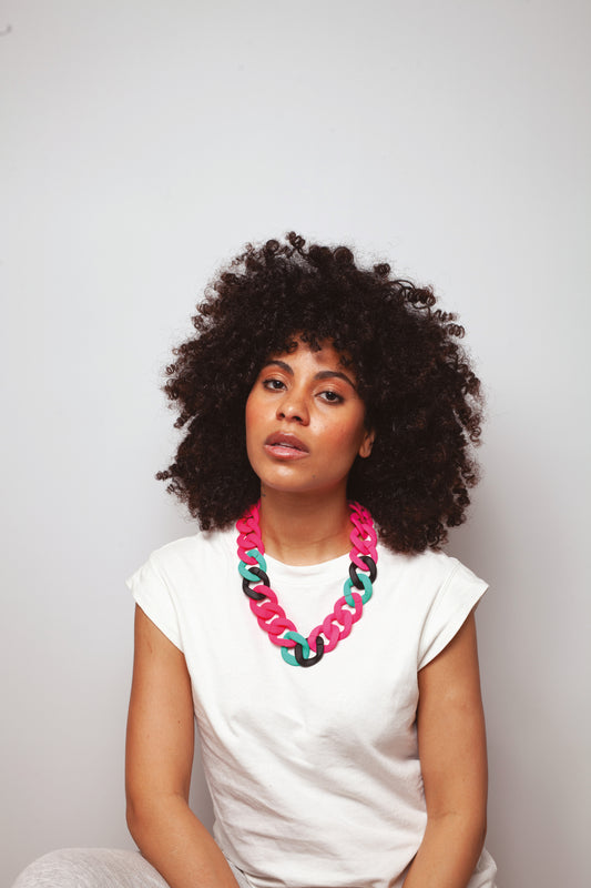 Large Neon Pink, Turquoise, Black Matte Necklace